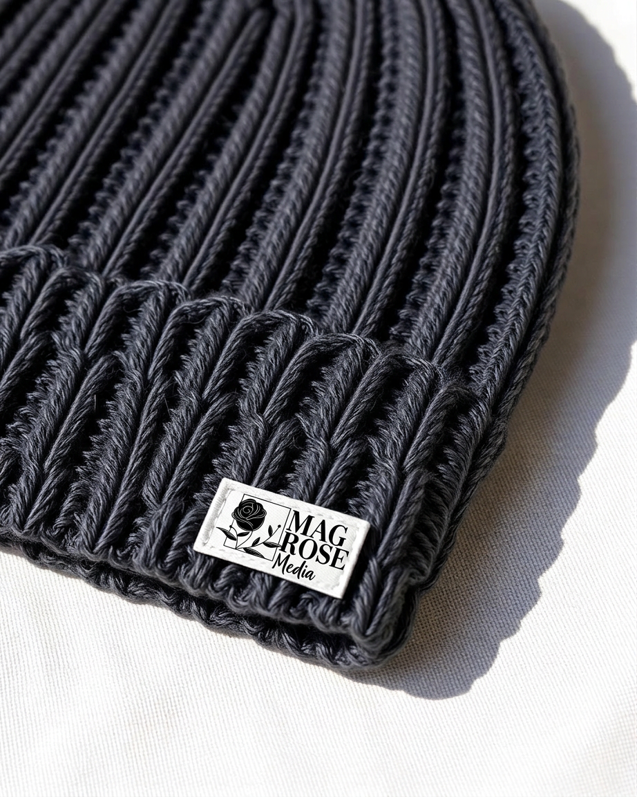 Charcoal ribbed MagRose beanie with woven label