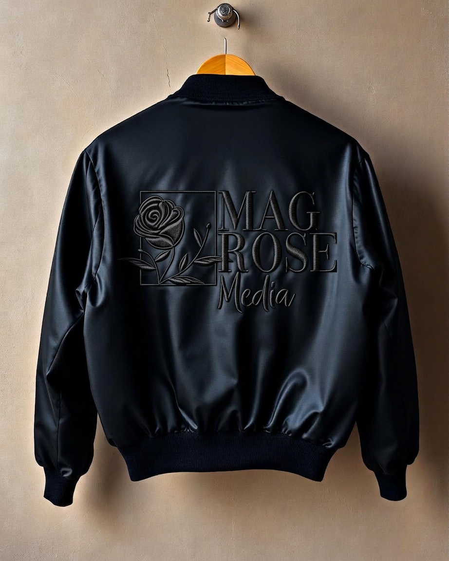 Black satin bomber jacket with embroidered MagRose Media crest on the back