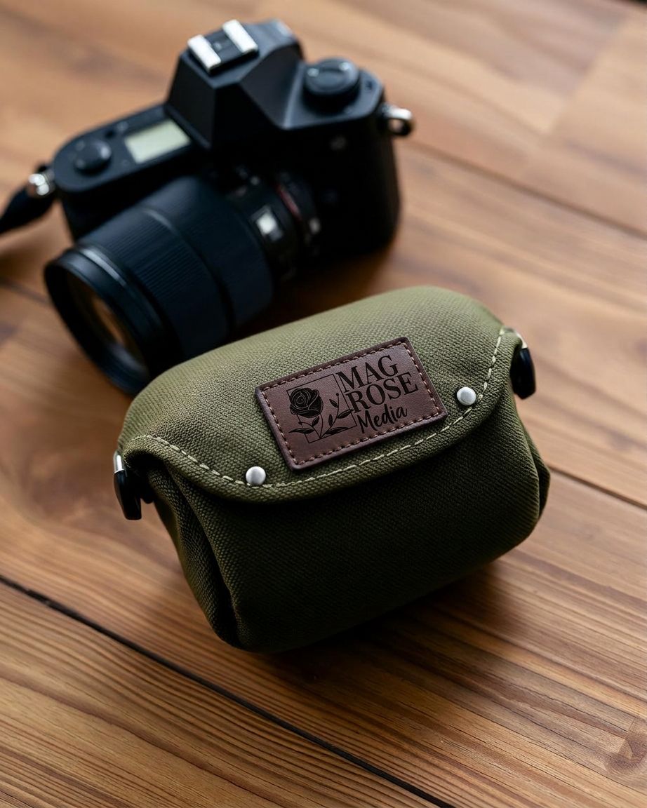 Olive padded camera pouch with embossed MagRose logo