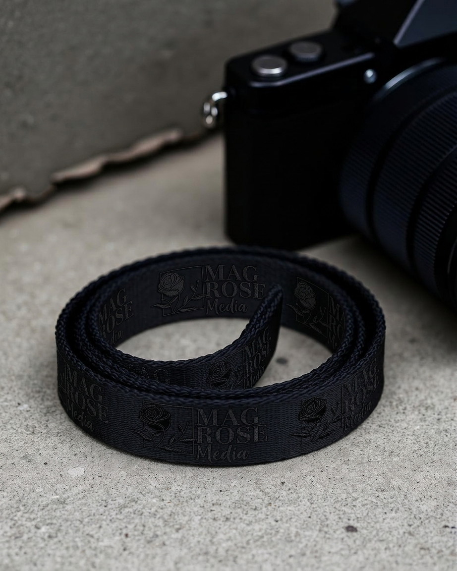 Black woven MagRose camera strap coiled on concrete
