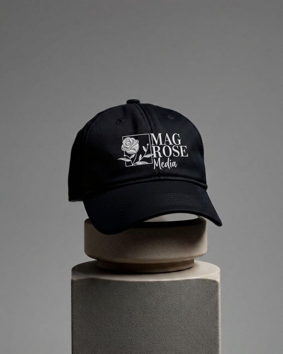 Black MagRose dad cap on stone pedestal
