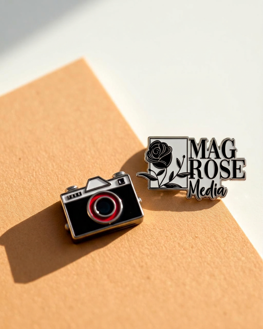 Two enamel MagRose pins on a card backing