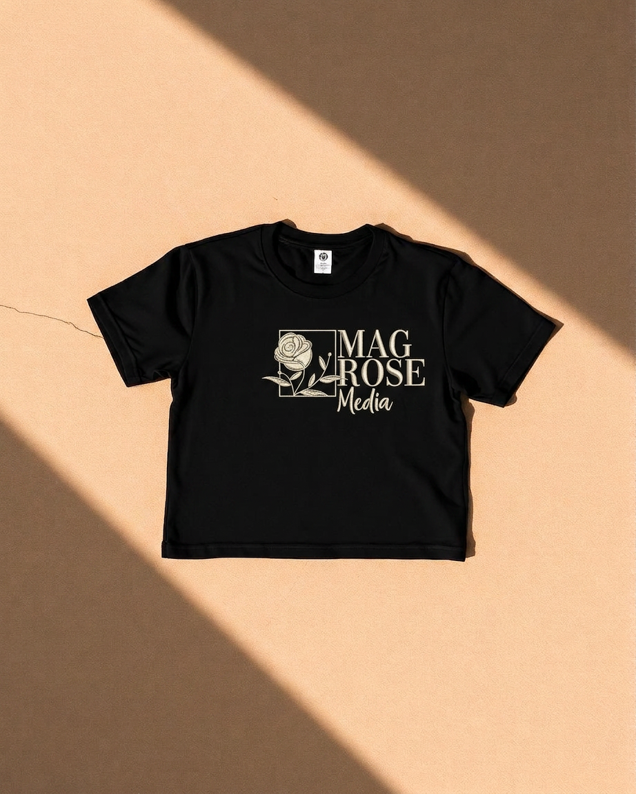 Black MagRose Media logo t-shirt flat lay