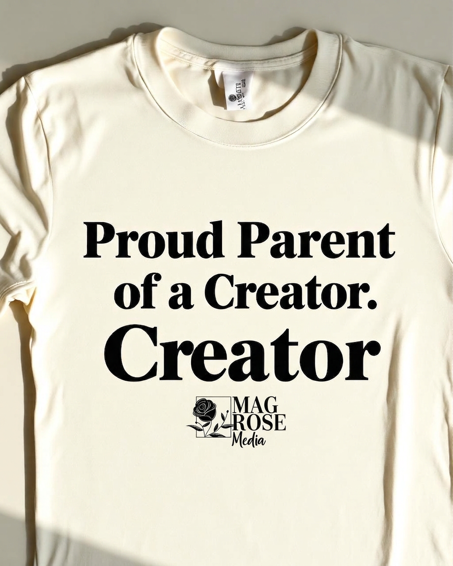 Cream tee with bold Proud Parent of a Creator text
