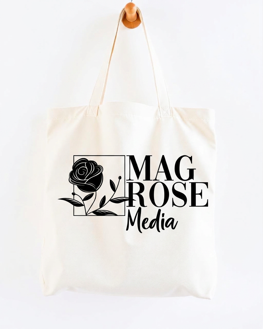 Natural canvas MagRose Media tote bag hanging